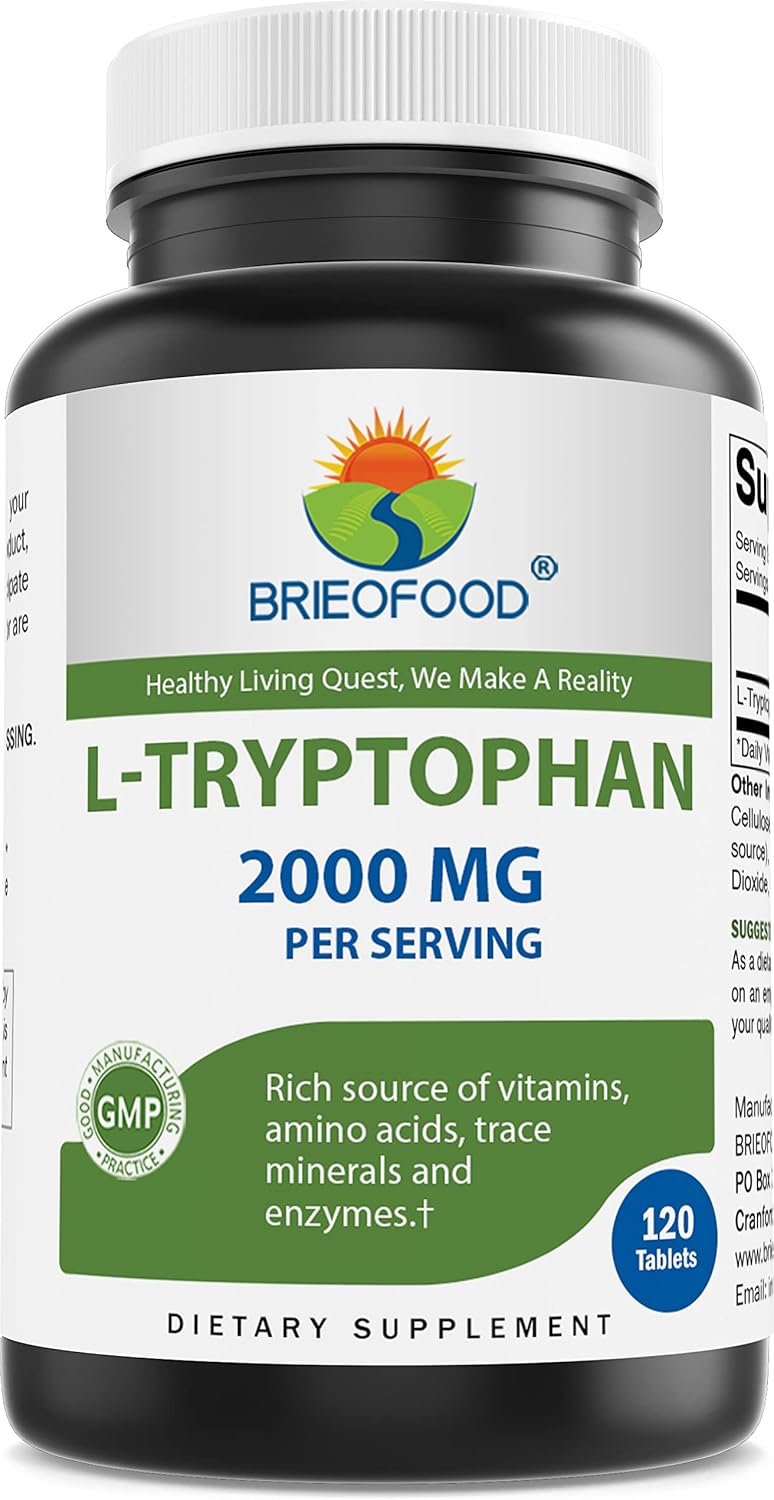 Brieofood L-Tryptophan Tablets - 2000mg per Serving - 120 Count - Promotes Positive Mood & Relaxation