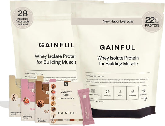 Build Muscle Bundle: Gainful Whey Protein Powder for Post-Workout Support - Whey Isolate + Concentrate, Low Carb, Unflavored with Chocolate, Vanilla, Strawberry & Variety Pack Flavor Boosts, 28 Servings