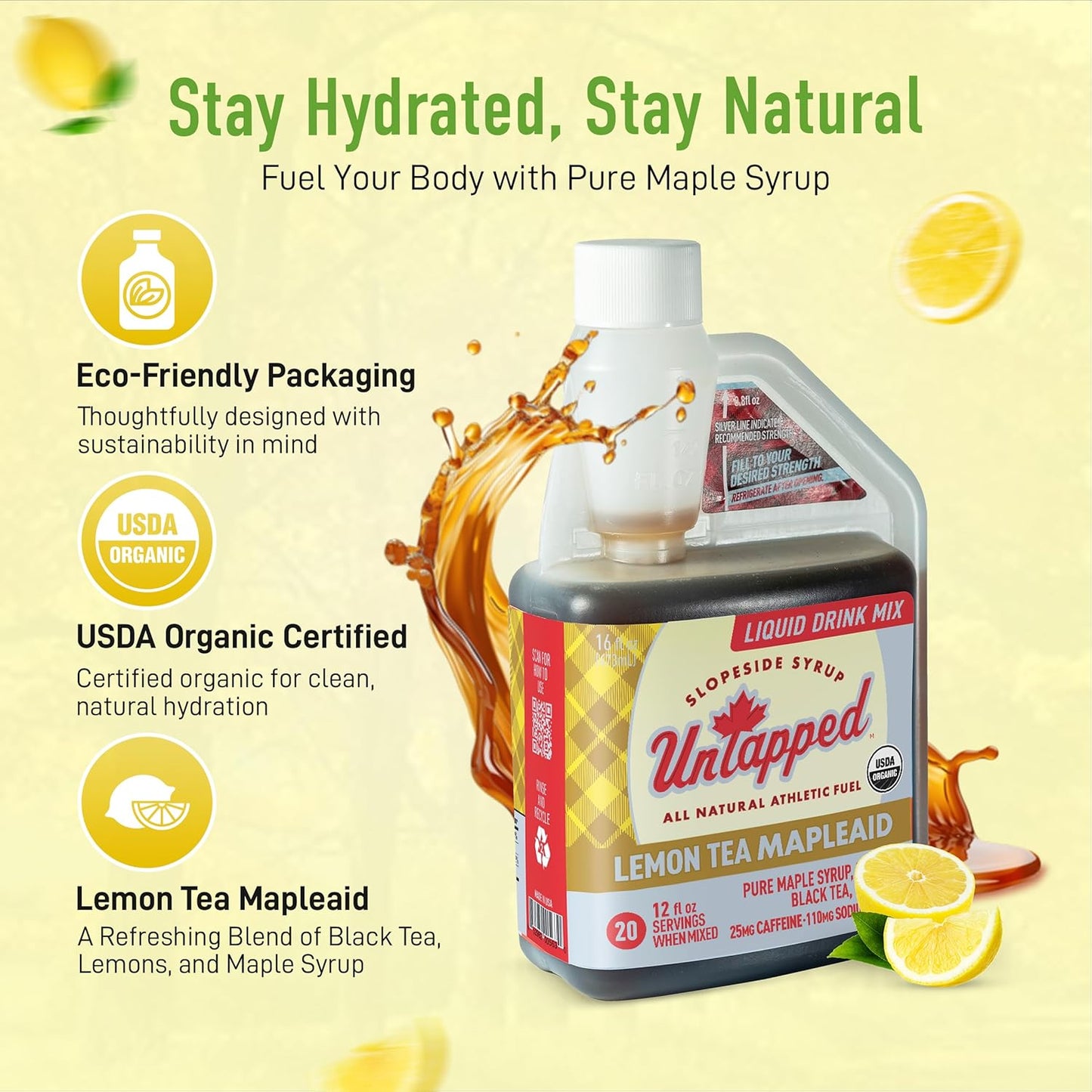 Bulk Bottle of Liquid Lemon Tea Mapleaid with 20 Servings - Refreshing and Energizing Drink