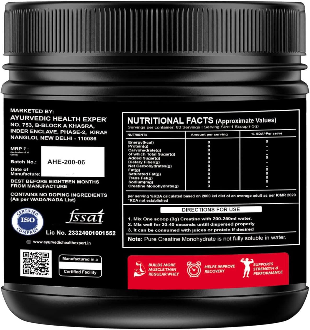Bulk Creatine Monohydrate Powder - 83 Servings | Muscle Building & Endurance Boost | Pre-Workout Supplement (250g, Unflavored)
