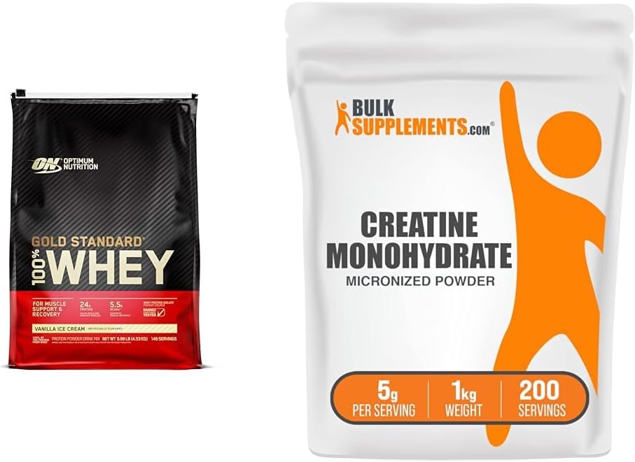 Bulk Whey Protein and Creatine Bundle - Vanilla Ice Cream Flavor, 10lb & 1kg - Optimum Nutrition Gold Standard & BulkSupplements Micronized Creatine Monohydrate Powder
