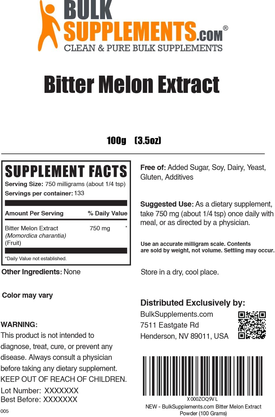 BulkSupplements.com Bitter Melon Extract Powder - Herbal Supplement, Gluten Free, 750mg per Serving - 100g (3.5 oz) - Pack of 1