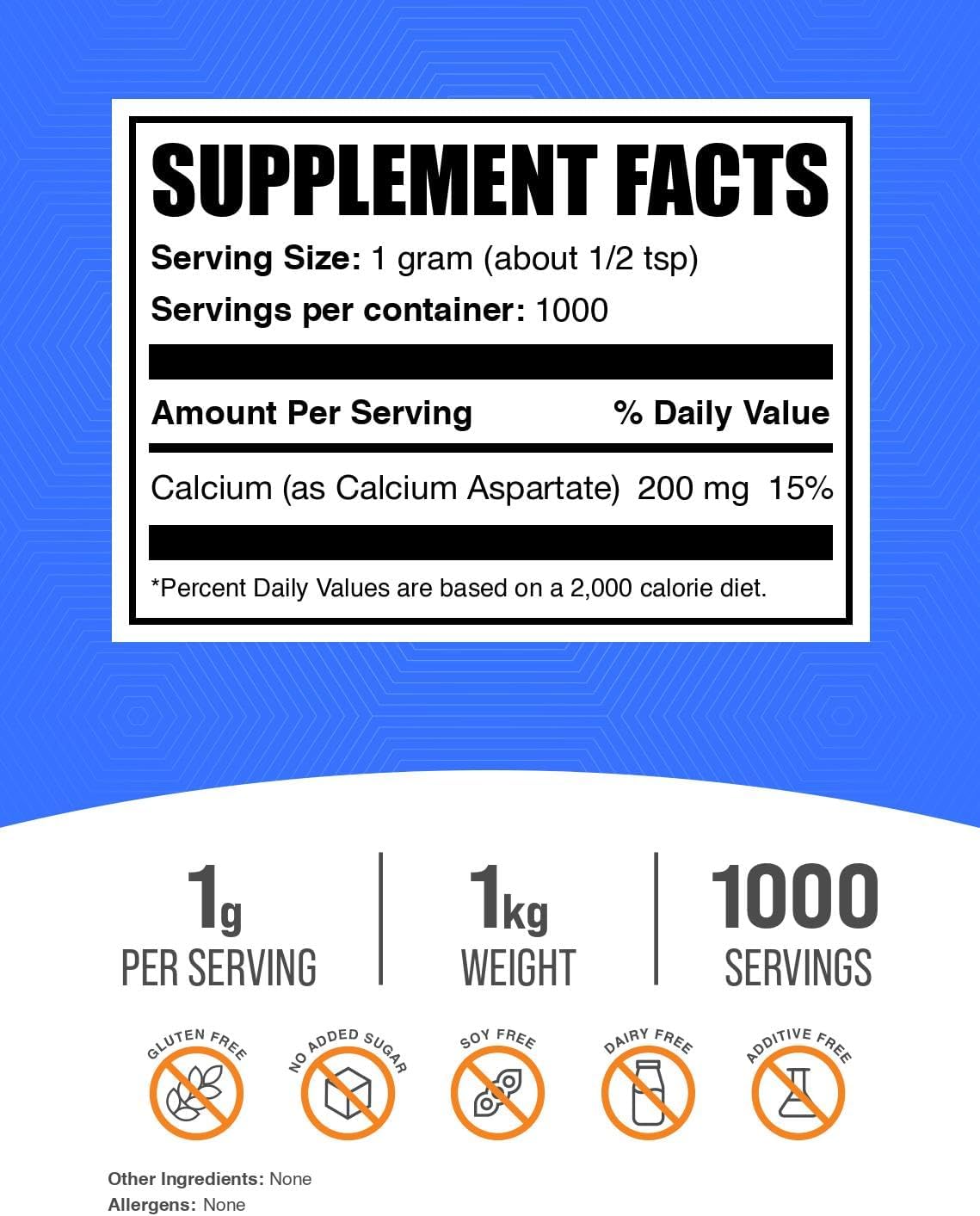 BulkSupplements.com Calcium Aspartate Powder - High-Potency Calcium Supplement - Gluten-Free Powder with 1000mg (200mg Calcium) per Serving - 1kg (2.2 lbs) Pack