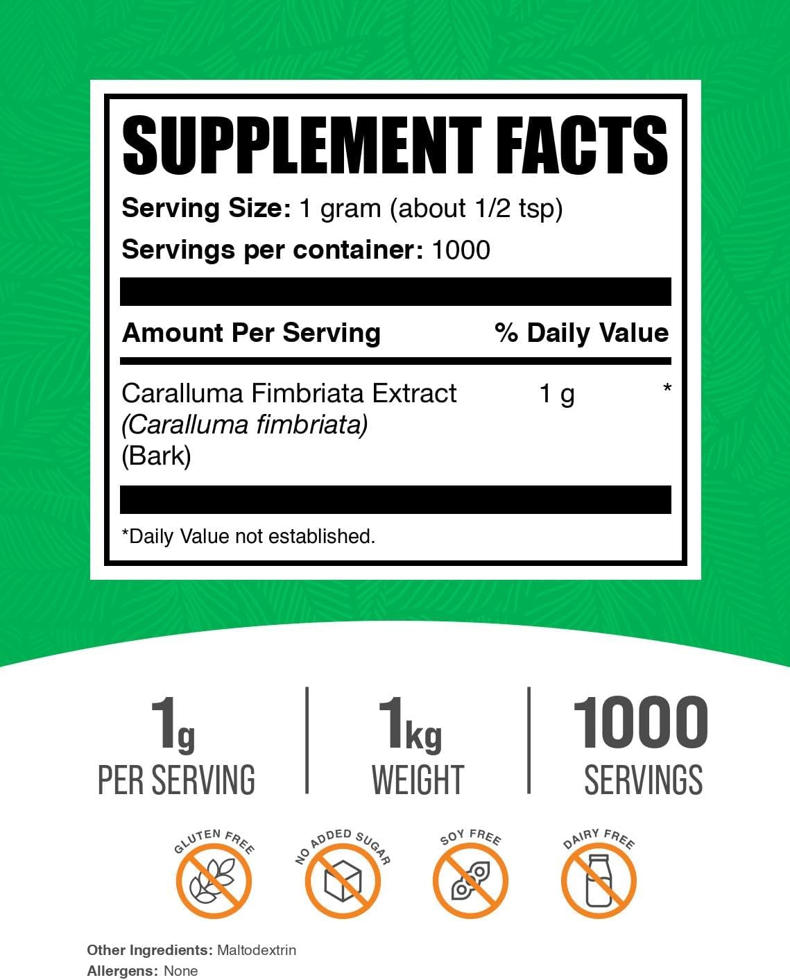 BulkSupplements.com Caralluma Fimbriata Extract Powder - Herbal Digestive Support Supplement - Gluten Free, No Sugar Added - 1000mg per Serving, 5 Pack (5 Kilograms)
