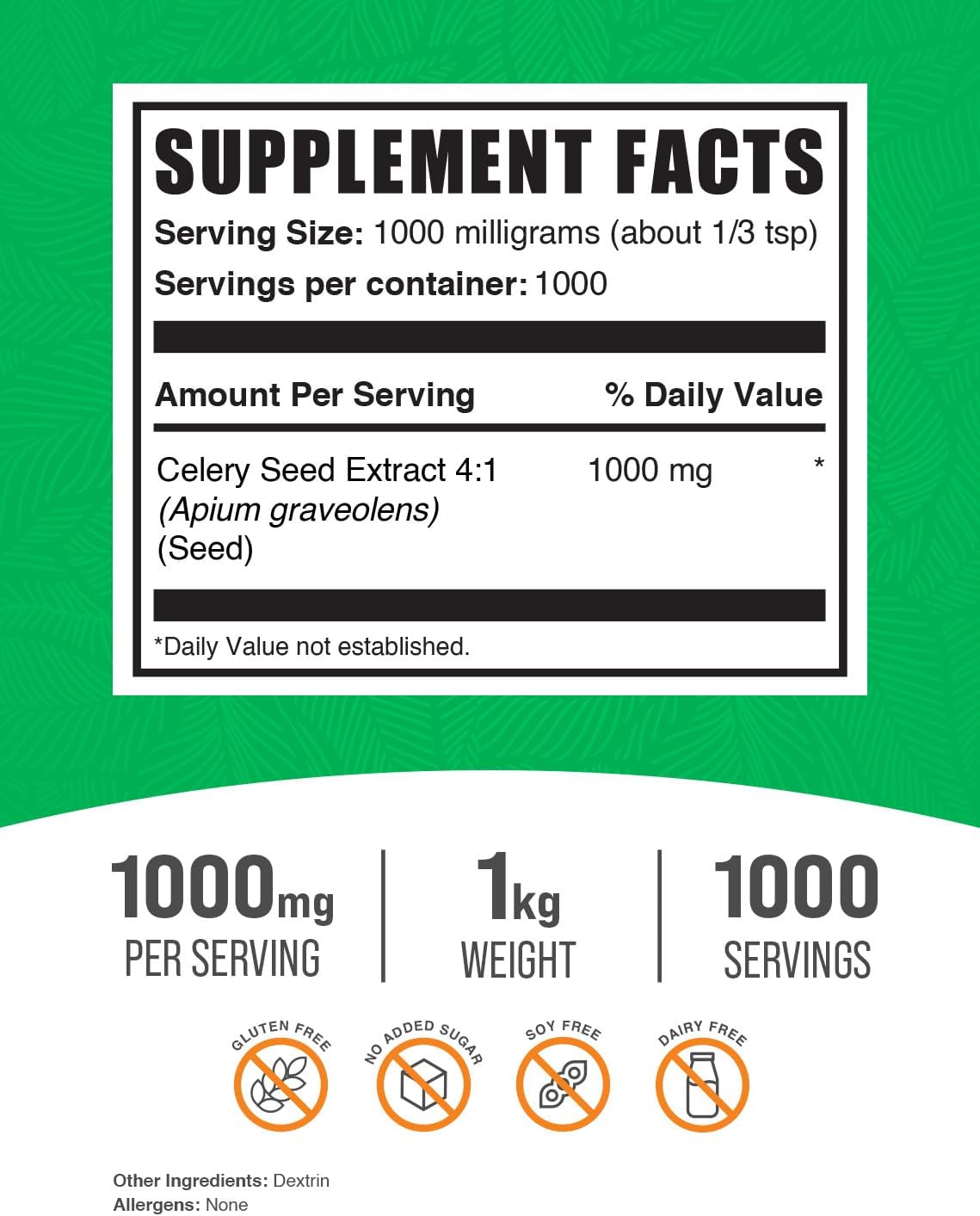 BulkSupplements.com Celery Seed Extract Powder - Herbal Supplement, Gluten Free, 1000mg per Serving, 1kg (2.2 lbs) Pack
