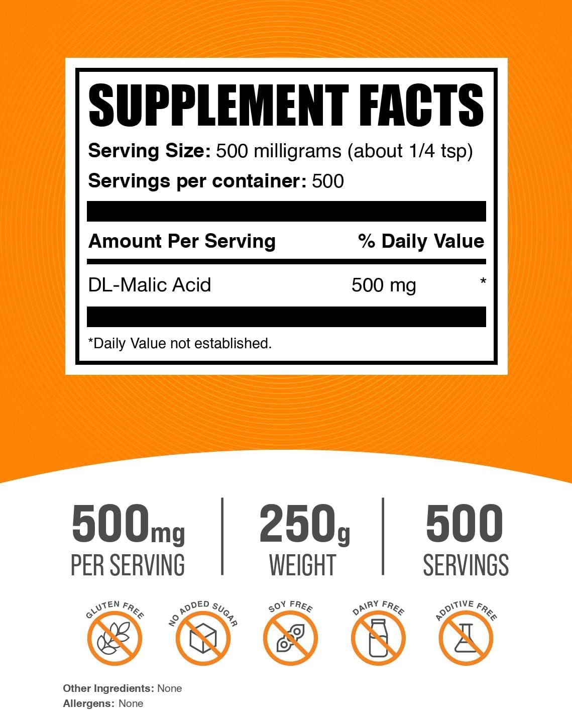 BulkSupplements.com DL-Malic Acid Powder - Food Grade Malic Acid Supplement, Gluten Free - 500mg per Serving, 250g (8.8 oz) (1 Pack)