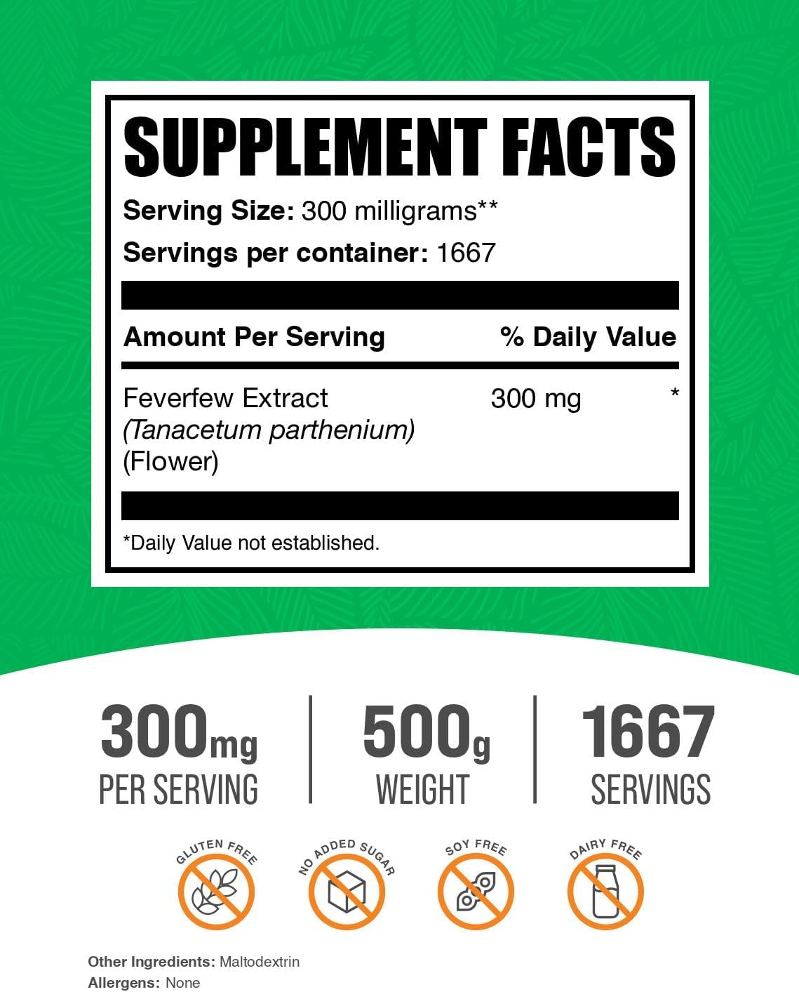 BulkSupplements.com Feverfew Extract Powder - Herbal Supplement 300mg - Gluten Free Feverfew Powder - 500g (1.1 lbs)