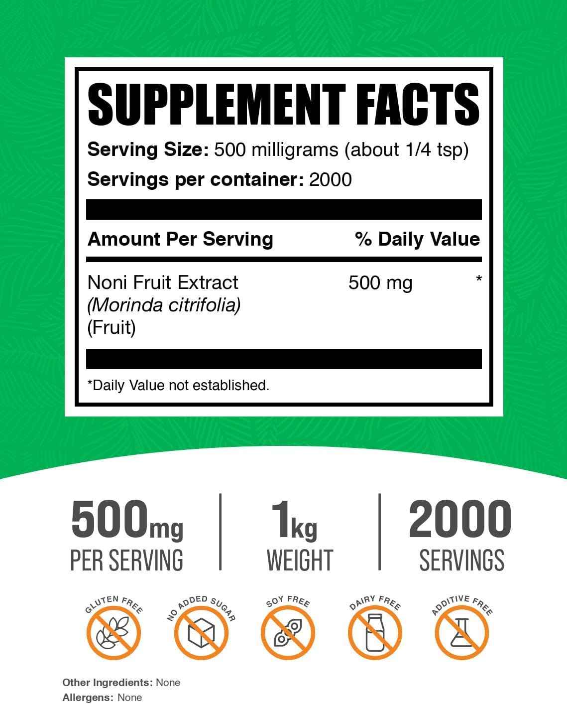 BulkSupplements.com Noni Fruit Extract Powder - Noni Fruit Supplement, Noni Fruit 500mg - Superfood Powder, Gluten Free, 500mg per Serving, 1kg (2.2 lbs) (Pack of 1)