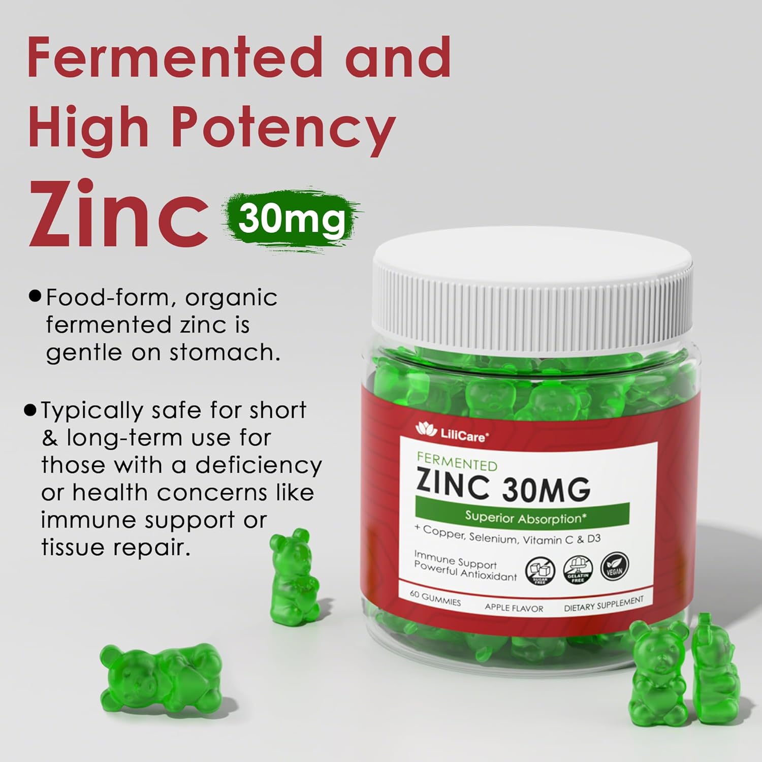 Bundle: 2 Packs of LILICARE Sugar Free Zinc Gummies + 1 Pack Plant Based Calcium Supplement