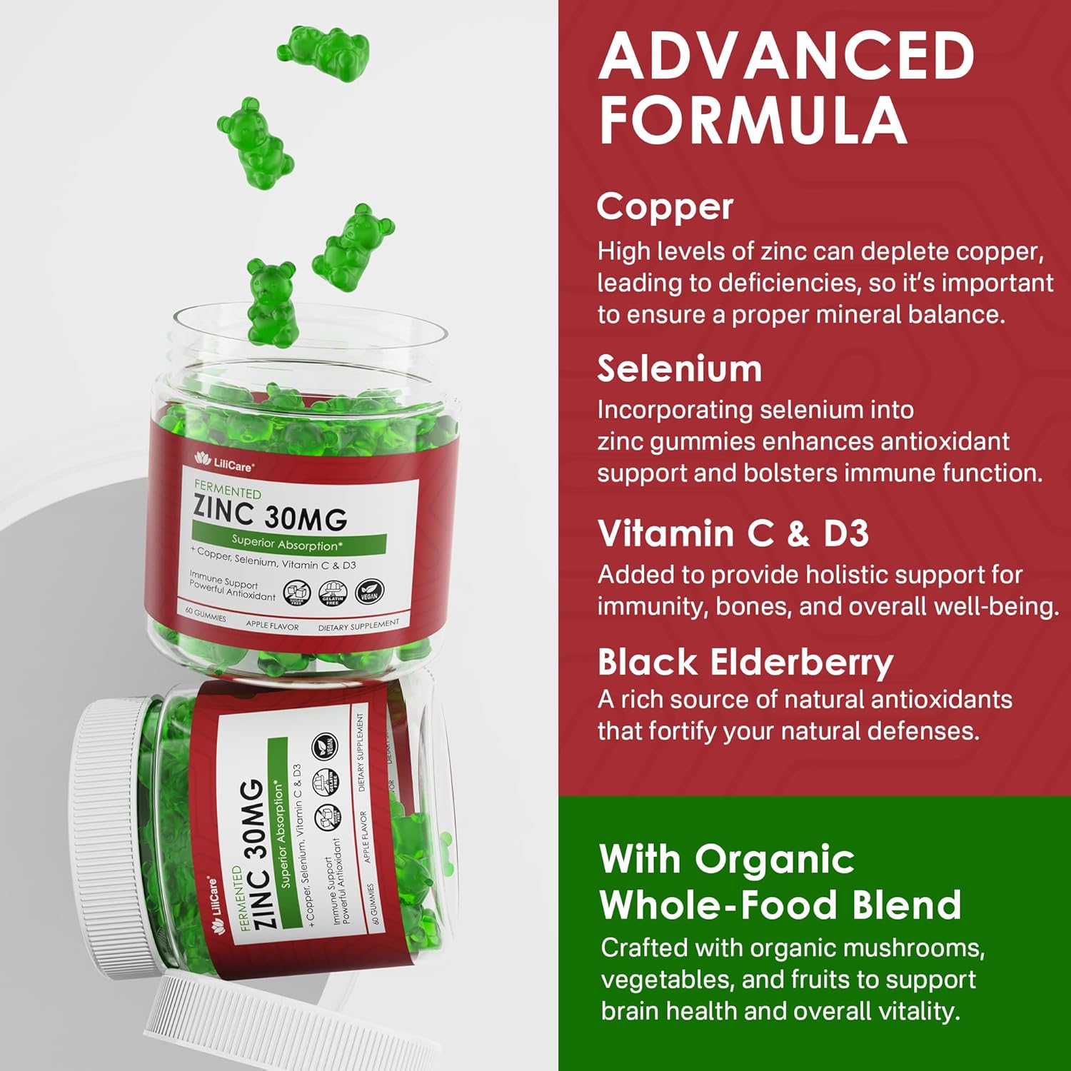 Bundle: 2 Packs of LILICARE Sugar Free Zinc Gummies + 1 Pack Plant Based Calcium Supplement