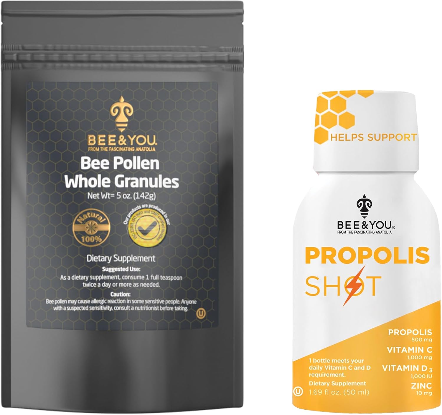 Bundle: Bee and You Propolis Shot with Bee Pollen - Natural Antioxidant Supplement for Adults, Women, Men - 12 Bottles of Propolis, Proteins, Vitamins, Amino Acids