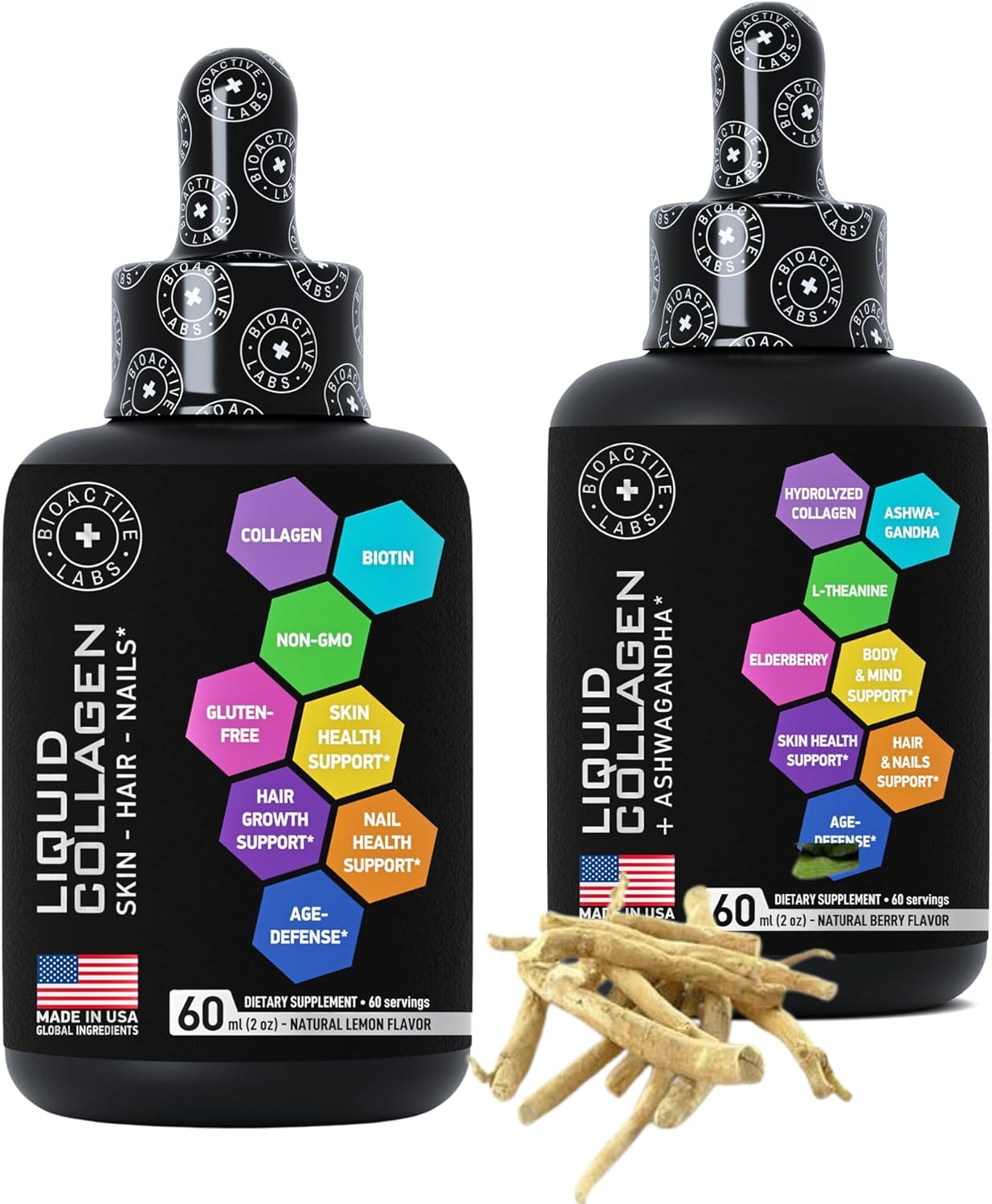 Bundle: BIOACTIVE LABS Liquid Collagen with Biotin & Ashwagandha for Hair, Skin, Nails - Enhanced Growth & Glow