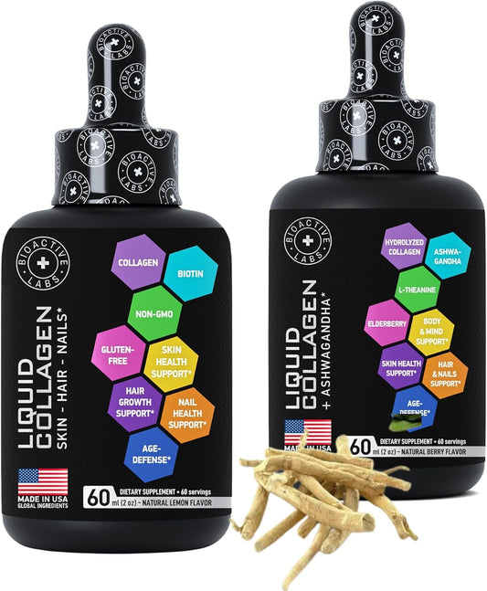 Bundle: BIOACTIVE LABS Liquid Collagen with Biotin & Ashwagandha for Hair, Skin, Nails - Enhanced Growth & Glow