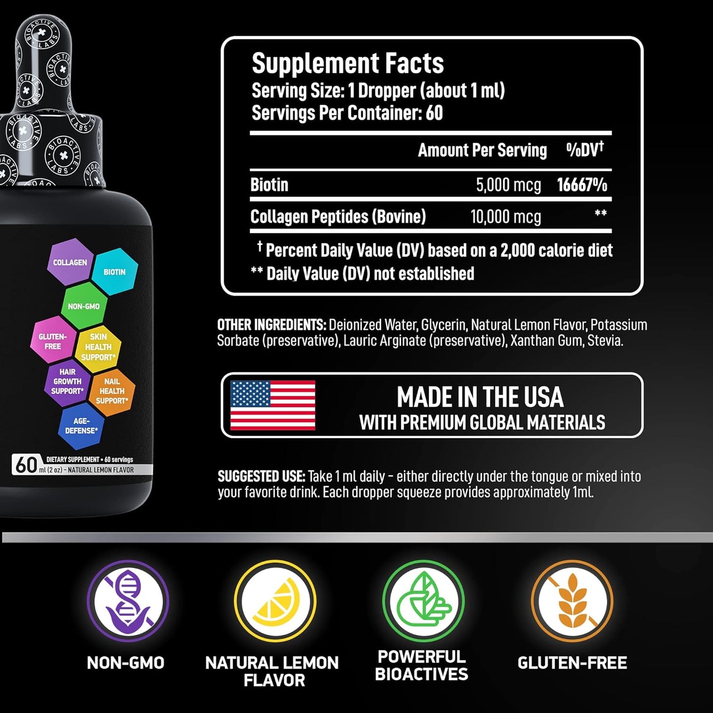 Bundle: BIOACTIVE LABS Liquid Collagen with Biotin & Ashwagandha for Hair, Skin, Nails - Enhanced Growth & Glow