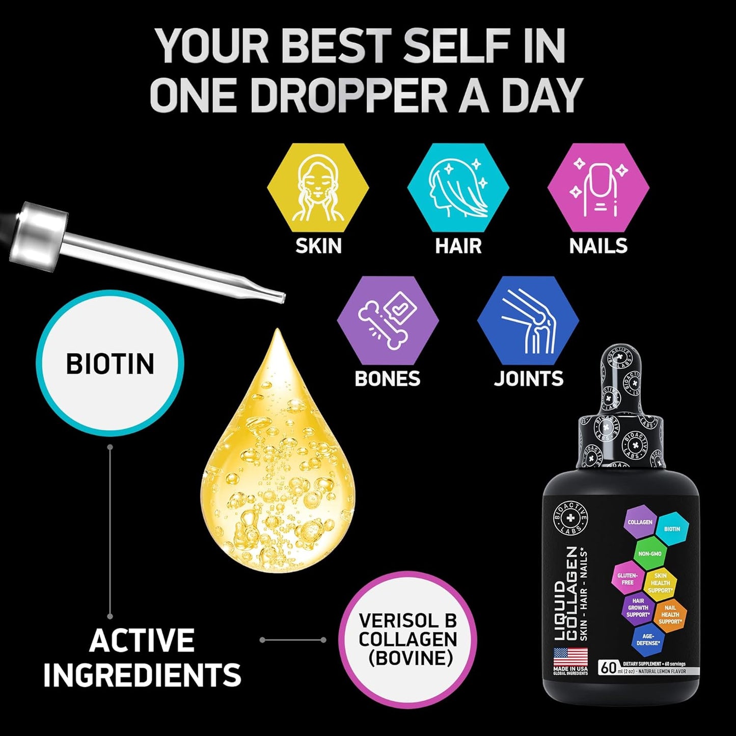 Bundle: BIOACTIVE LABS Liquid Collagen with Biotin & Ashwagandha for Hair, Skin, Nails - Enhanced Growth & Glow