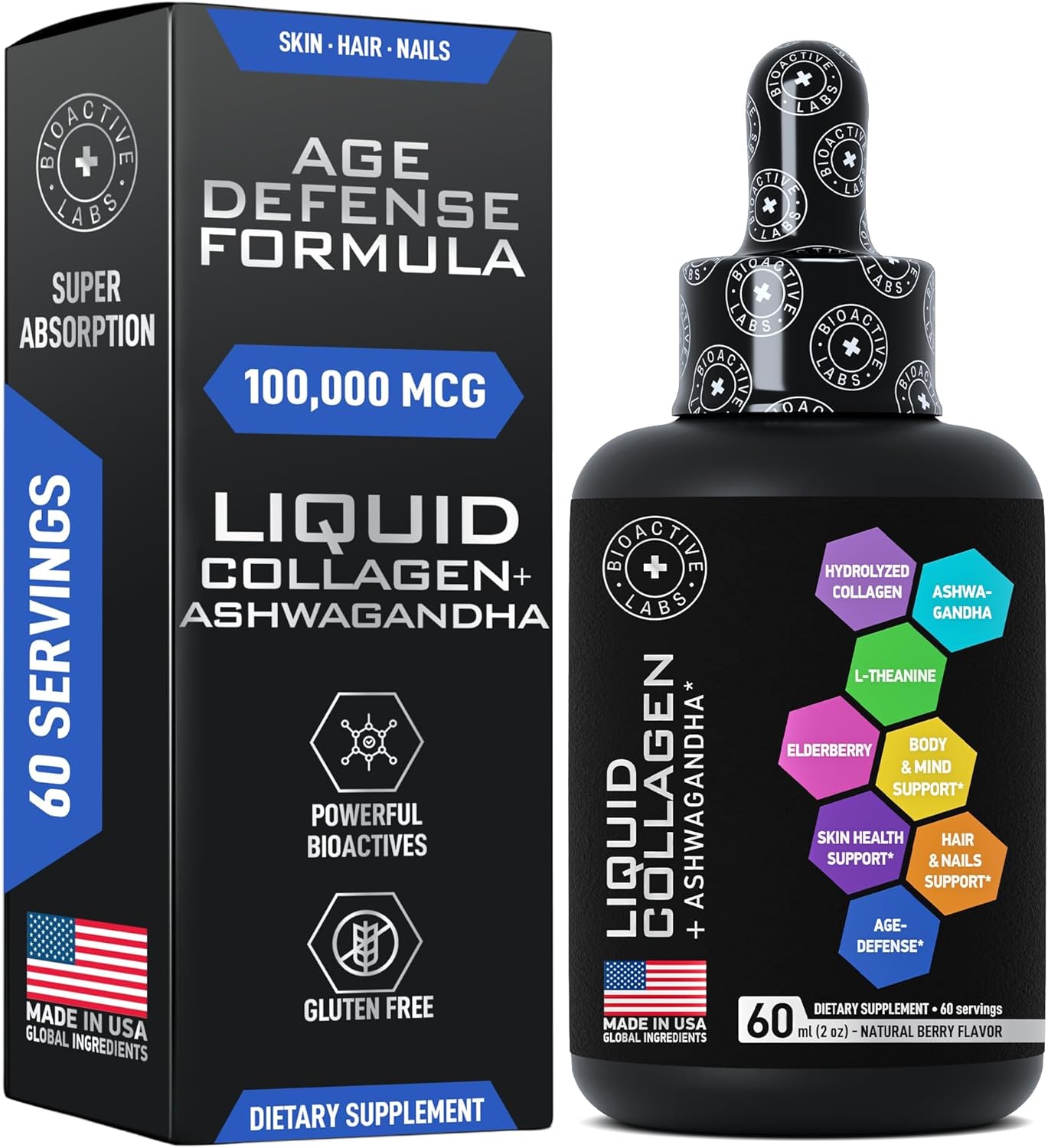 Bundle: BIOACTIVE LABS Liquid Collagen with Biotin & Ashwagandha for Hair, Skin, Nails - Enhanced Growth & Glow