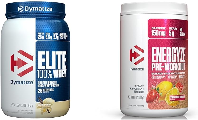 Bundle: Dymatize Elite 100% Whey Protein Powder, Gourmet Vanilla + Energyze Pre-Workout, Strawberry Lemonade
