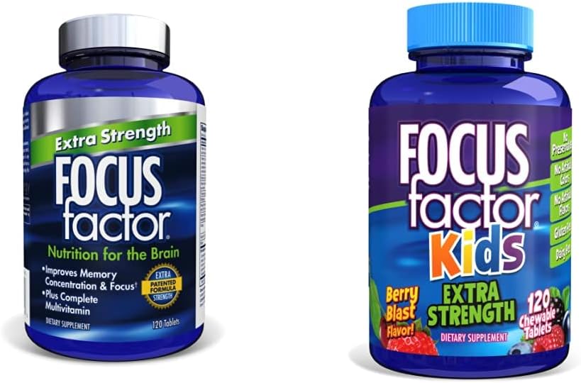 Bundle: Focus Factor Family Extra Strength Brain Supplements for Memory, Concentration, and Brain Health Support - 120ct Kids Chewables & Adults Capsules