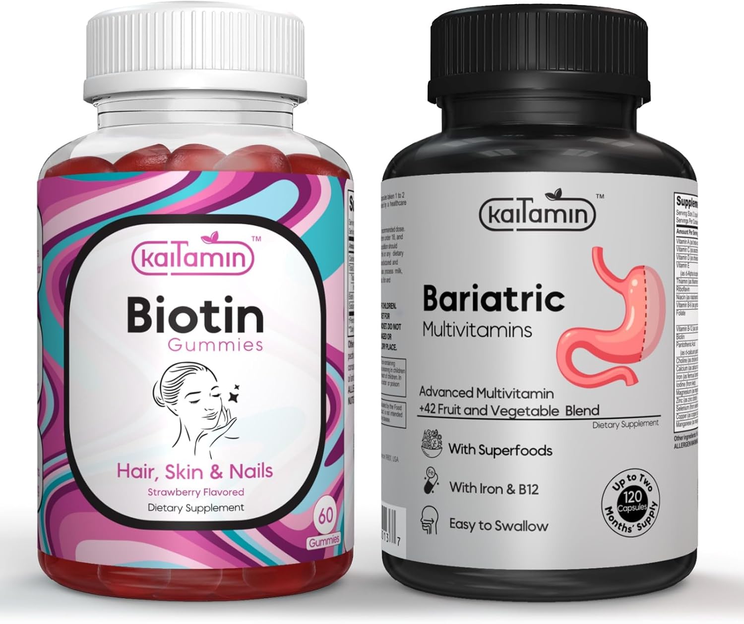 Bundle: Kaitamin Bariatric Multivitamin with Iron & Biotin Gummies - 5000 mcg, Elderberry & Coconut Oil