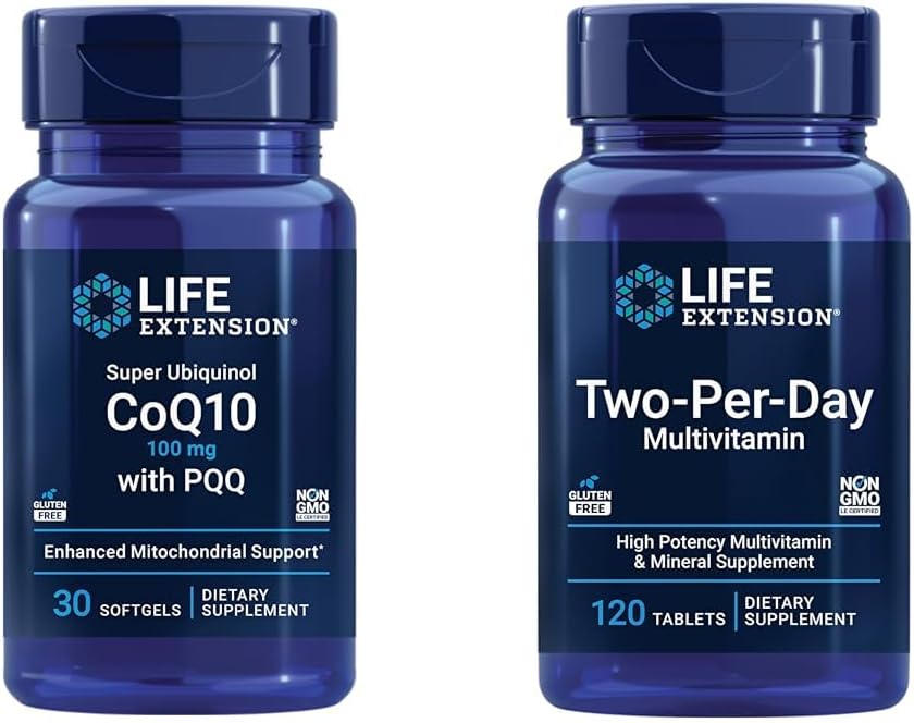 Bundle: Life Extension Super Ubiquinol CoQ10 100mg Softgels + Two-Per-Day High Potency Multivitamin