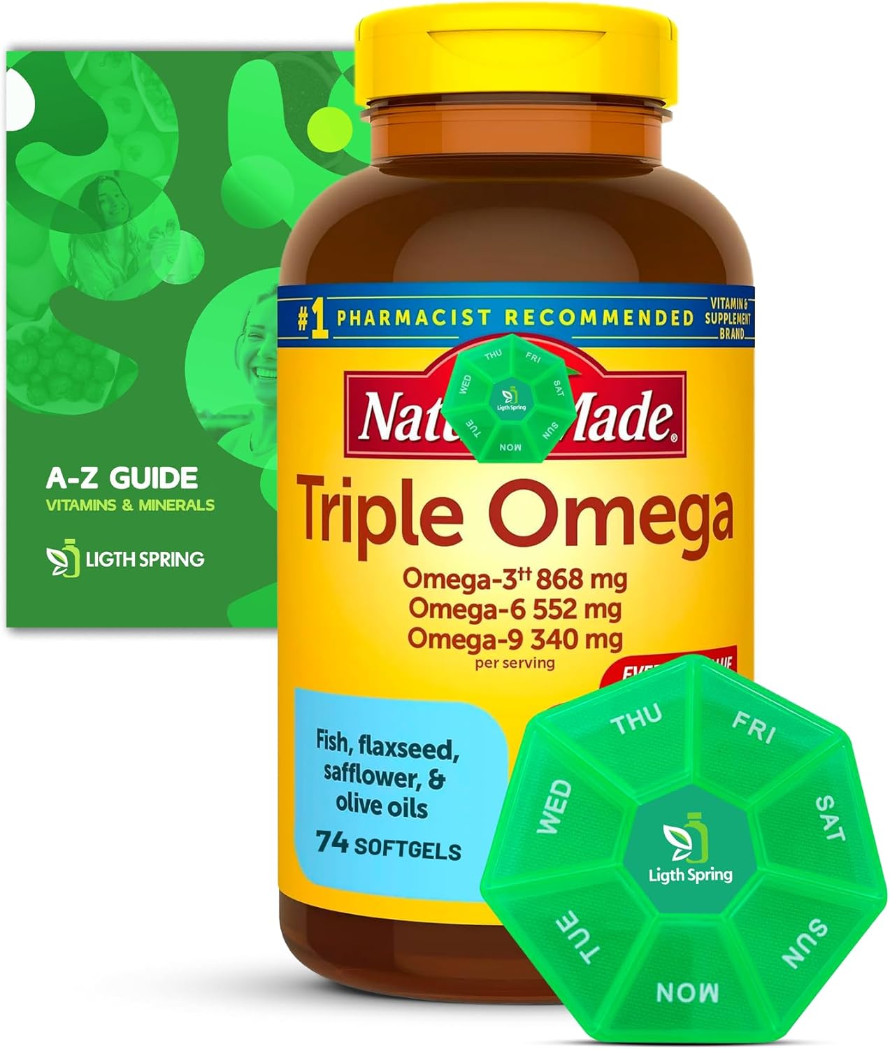 Bundle: LightSpring Triple Omega 3-6-9 Softgels 74ct (2 Pack) with A to Z Vitamins & Minerals, Better Guide, Pill Organizer