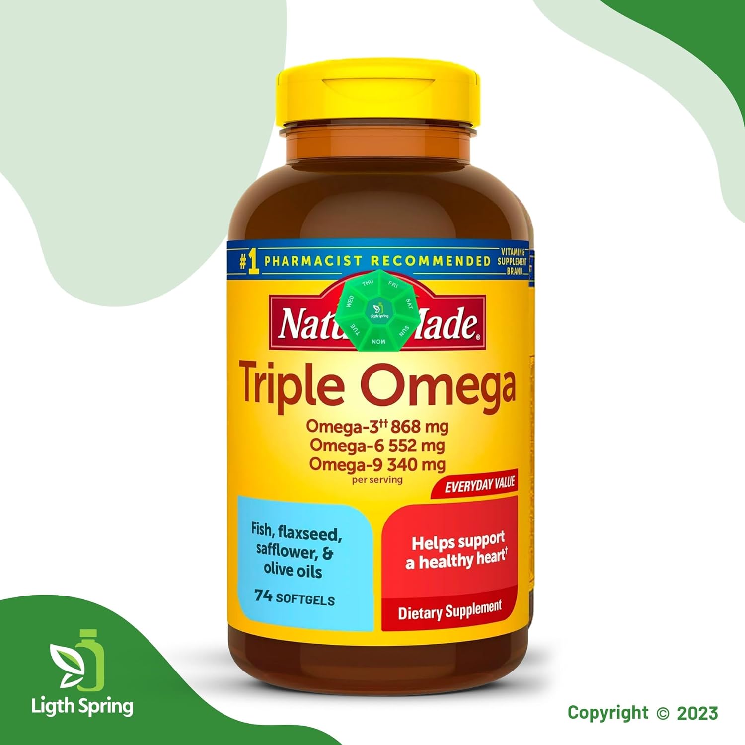 Bundle: LightSpring Triple Omega 3-6-9 Softgels 74ct (2 Pack) with A to Z Vitamins & Minerals, Better Guide, Pill Organizer