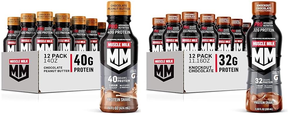 Bundle: Muscle Milk Pro Series Chocolate Peanut Butter & Pro Advanced Nutrition Knockout Chocolate Protein Shakes - 24 Pack, 40g & 32g Protein