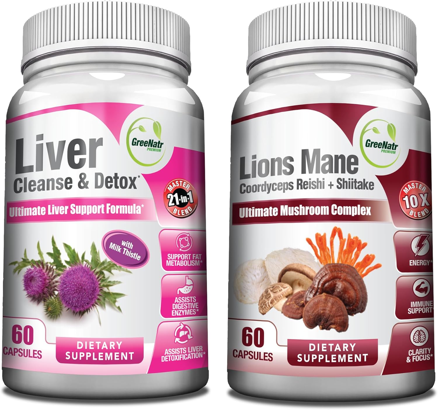 Bundle of GreeNatr Immune Support & Liver Cleanse Formula - 10 Mushroom Extracts for Immune Boost + Improved Liver Health & Digestion