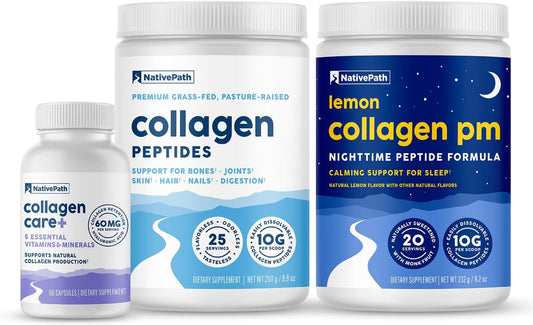 Bundle of NativePath Collagen Support Trio: Collagen Care+, 25 Servings, Lemon PM - Boost Collagen Production & Skin Health