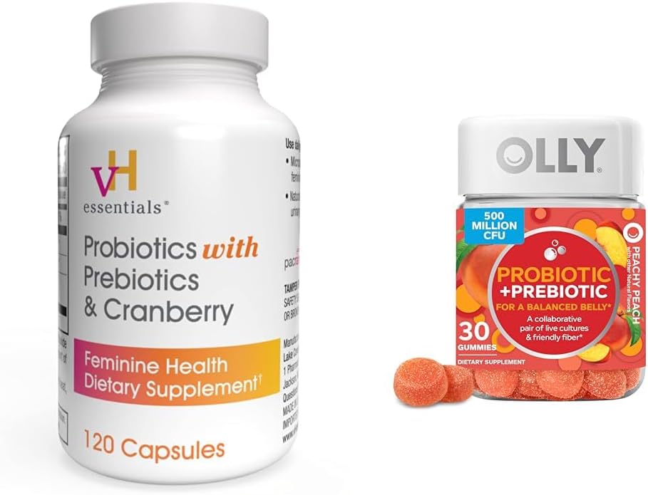 Bundle of vH essentials Probiotics, Prebiotics, and Cranberry Capsules + OLLY Probiotic + Prebiotic Gummy Supplement for Gut Health