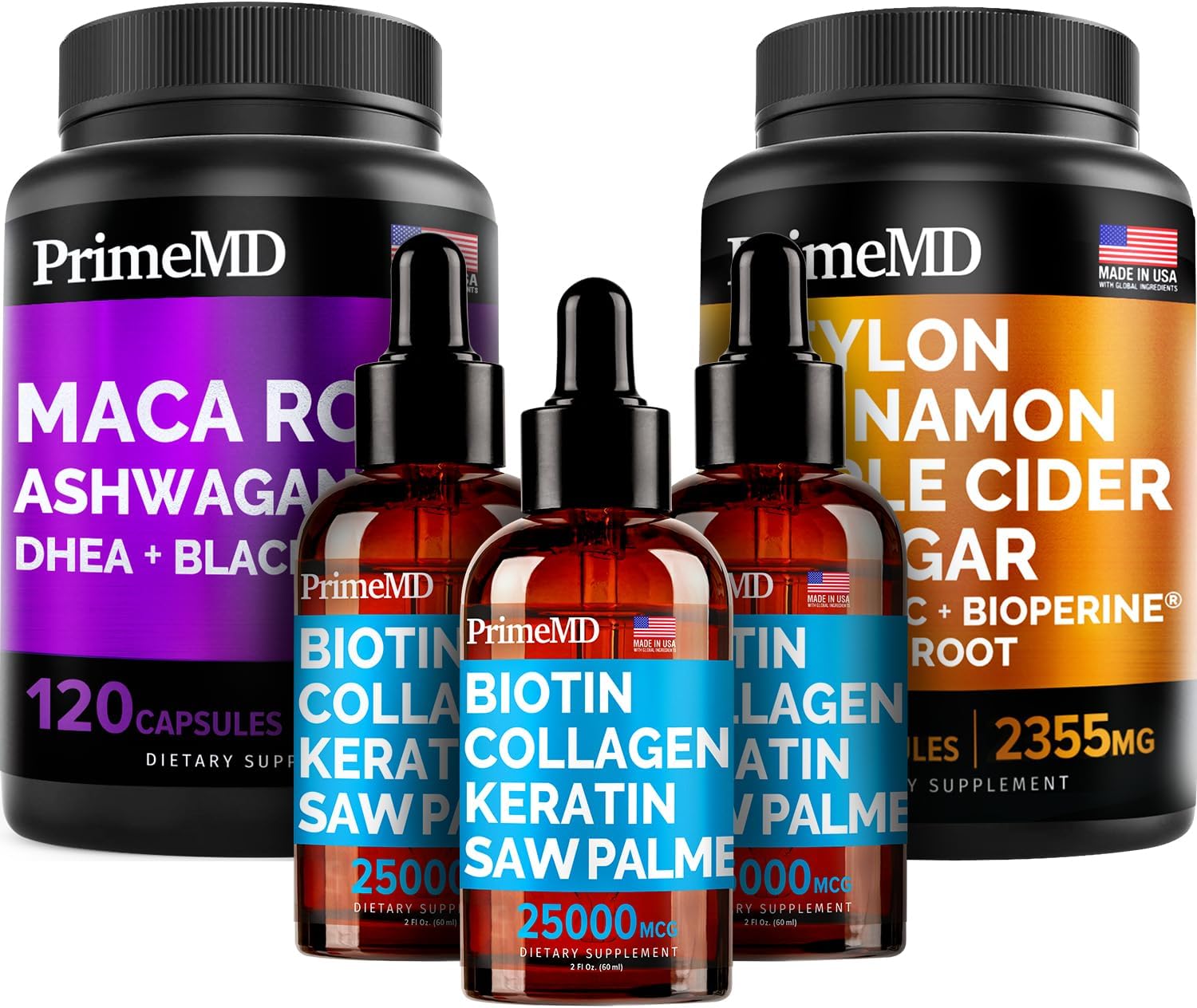 Bundle: PrimeMD Ceylon Cinnamon, Biotin Collagen Keratin Saw Palmetto, Maca Root Ashwagandha - Energy, Mood, Hair, Skin & Immune Support