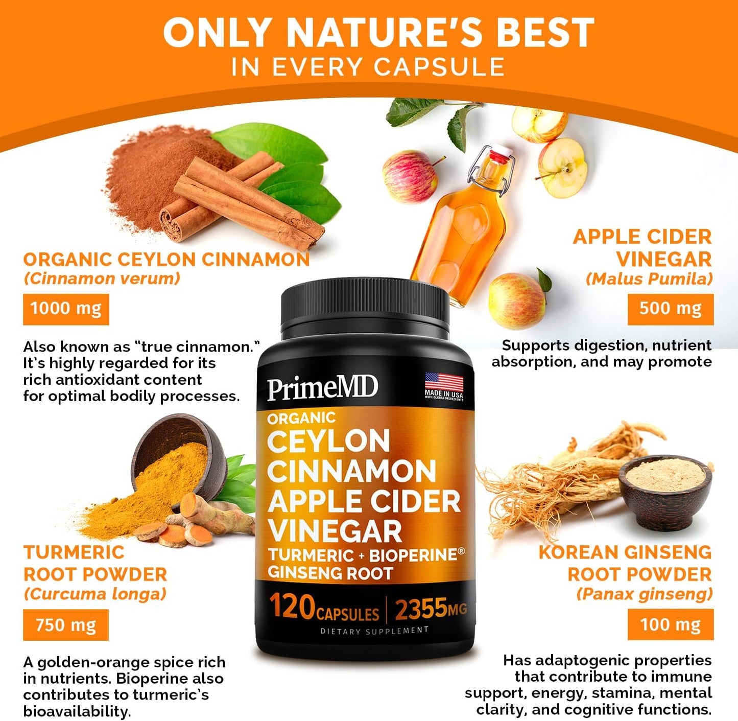 Bundle: PrimeMD Ceylon Cinnamon, Biotin Collagen Keratin Saw Palmetto, Maca Root Ashwagandha - Energy, Mood, Hair, Skin & Immune Support