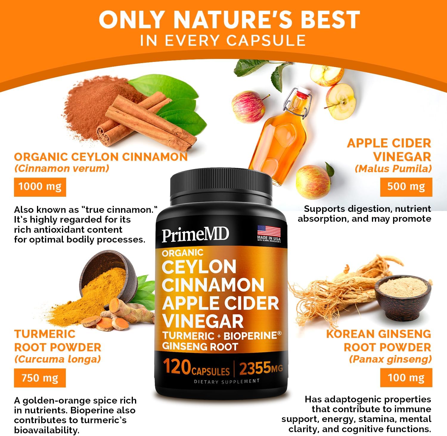 Bundle: PrimeMD Ceylon Cinnamon, Biotin Collagen Keratin Saw Palmetto, Maca Root Ashwagandha - Energy, Mood, Hair, Skin & Immune Support