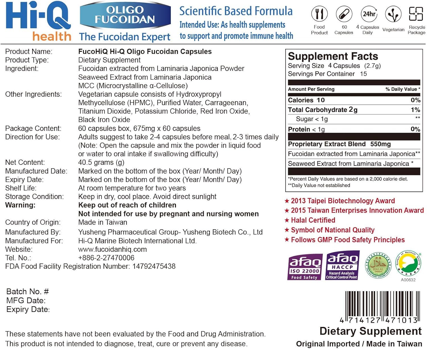 Bundle Set of FucoHIQ® HI-Q Oligo Fucoidan Capsules (60) and BALANGLUCO Capsules (90) - Made in Taiwan