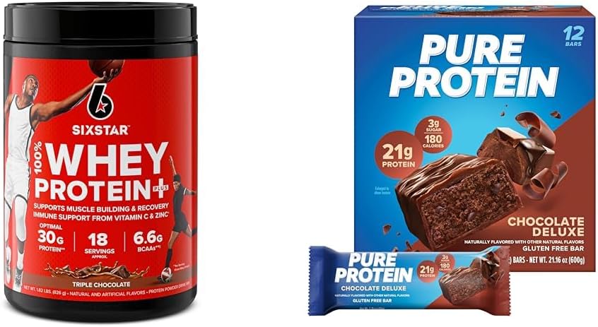 Bundle: Six Star Elite 100% Whey Protein Plus Triple Chocolate 1.8lbs & Pure Protein Chocolate Deluxe Bars 12 Count