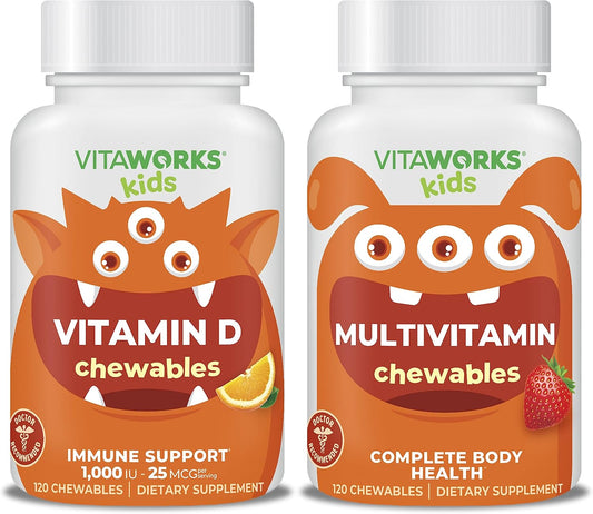 Bundle: VitaWorks Kids Vitamin D3 1000 IU and Multivitamin Chewables for Healthy Kids