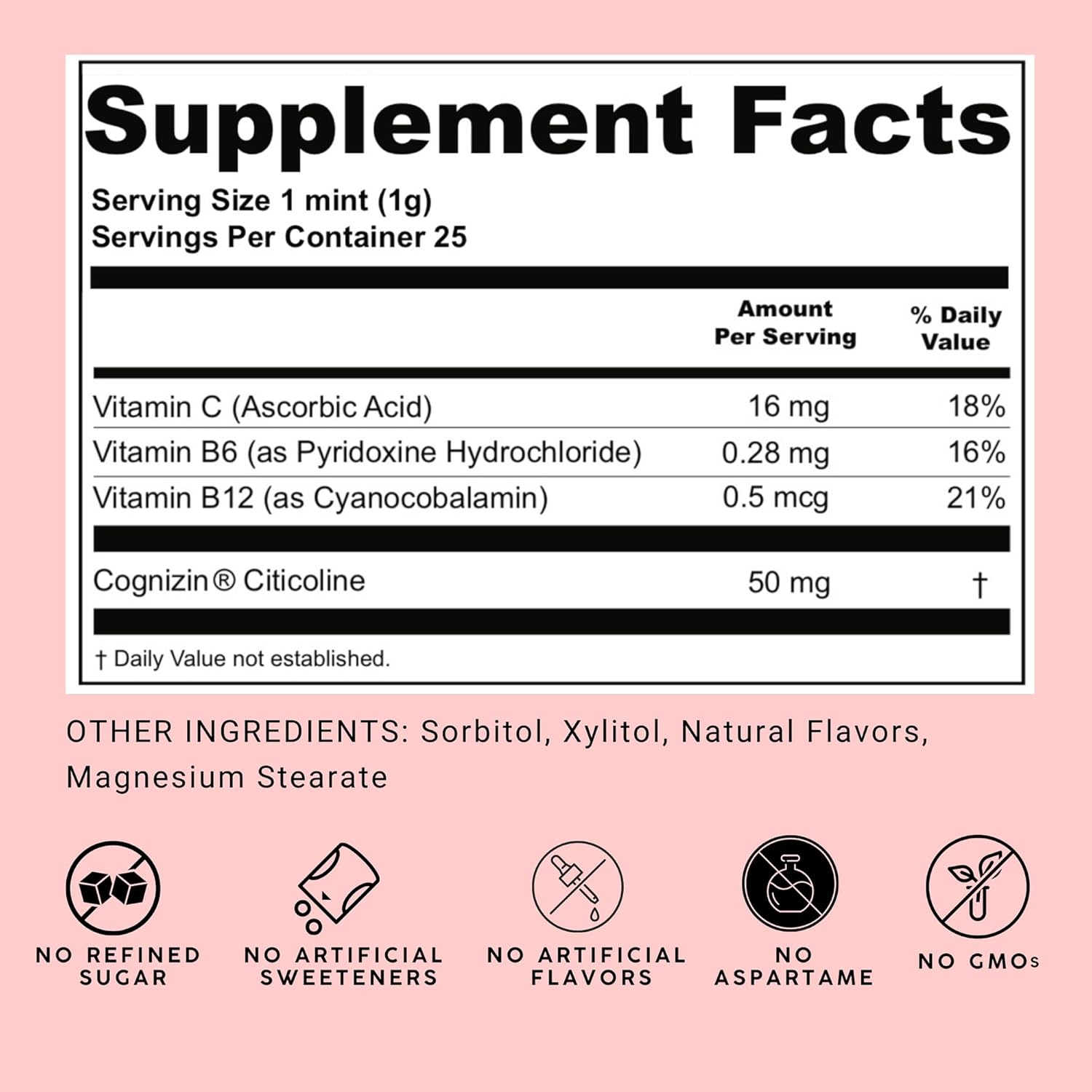 Caffeine-Free Brain Boosting Mints for Mental Clarity - Fresh Mint Flavor | Sugar-Free with Vitamins C, B6, B12 - Non-GMO, Travel-Friendly - 25 Mints