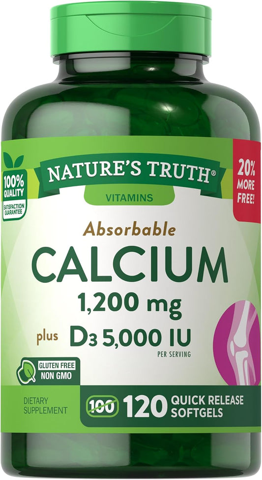 Calcium 1200 mg with Vitamin D3 5000 IU Supplements, 120 Count (Pack of 3) by Nature's Truth