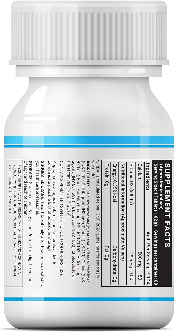 Calcium Carbonate and Vitamin D3 Supplement for Bone and Joint Health - 60 Tablets for Men and Women