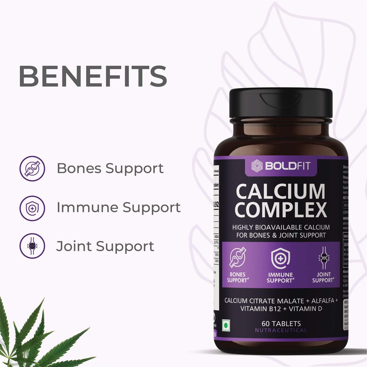 Calcium Complex Supplement for Immune Support & Bone Health - 1000mg Tablets with Vitamin D2 & B12 - 60 Veg Tablets for Men & Women