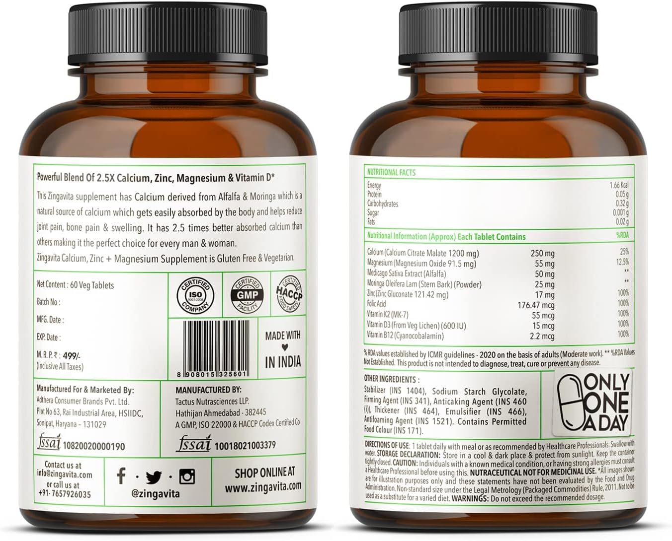 Calcium Magnesium Zinc Tablets with Vitamin D3, K2 & B12 for Bone & Joint Health - 60 Tablets