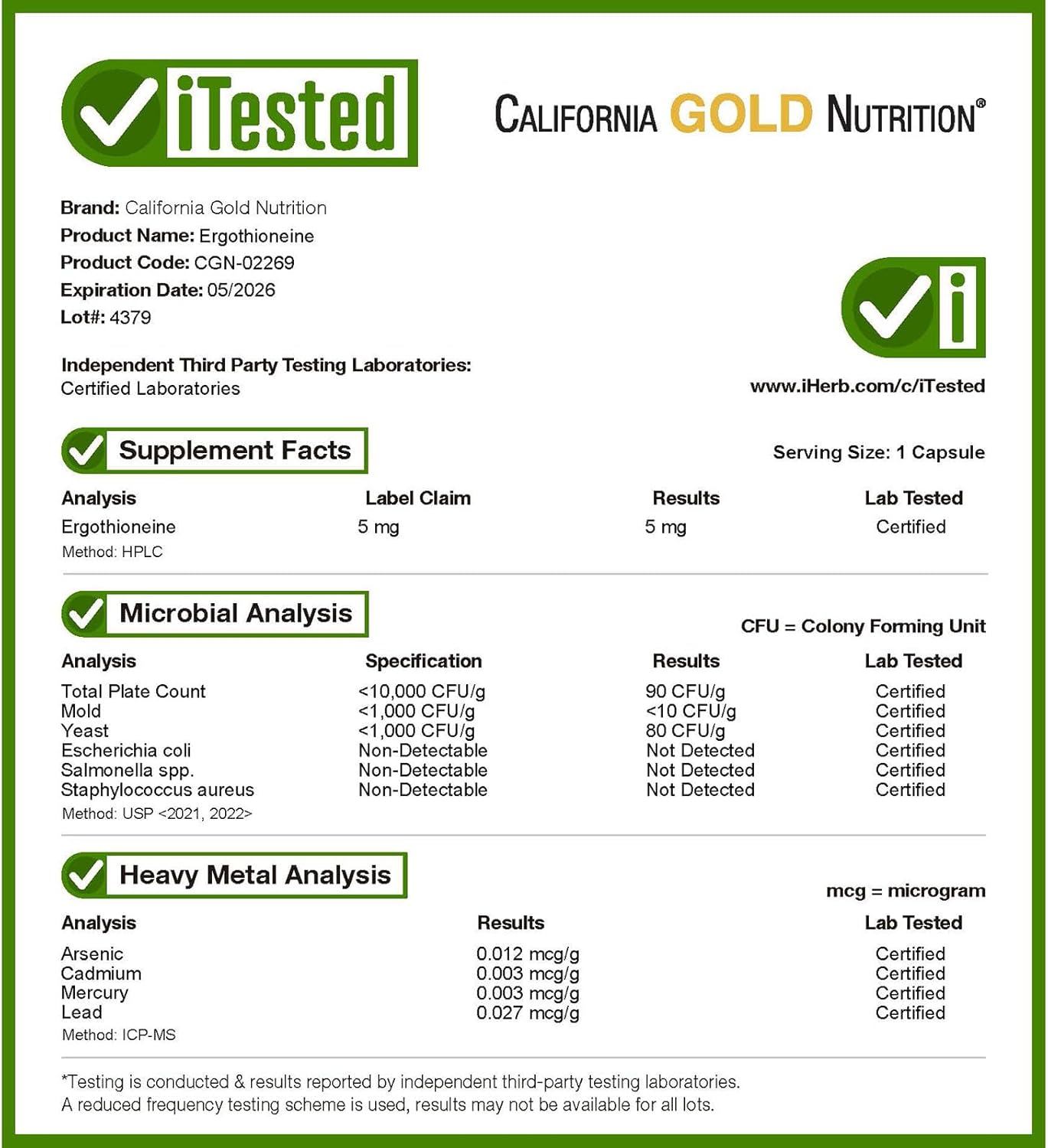 California Gold Nutrition Ergothioneine Capsules - 5 mg, 90 Count