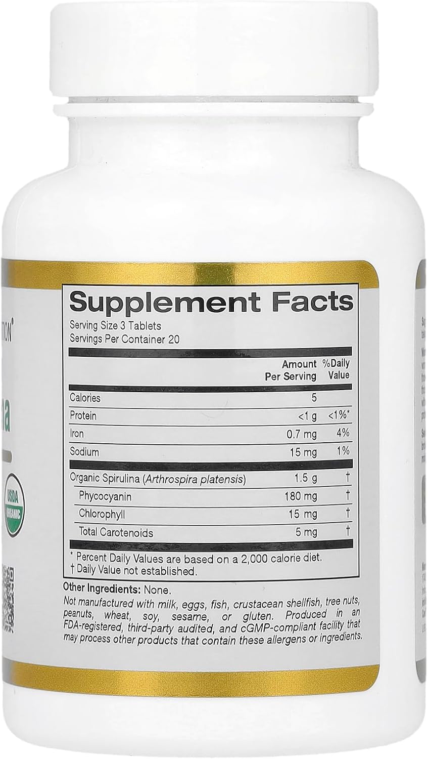 California Gold Nutrition Organic Spirulina Supplement – 500mg, 60 Tablets, Antioxidant Rich, Vegan, Gluten Free