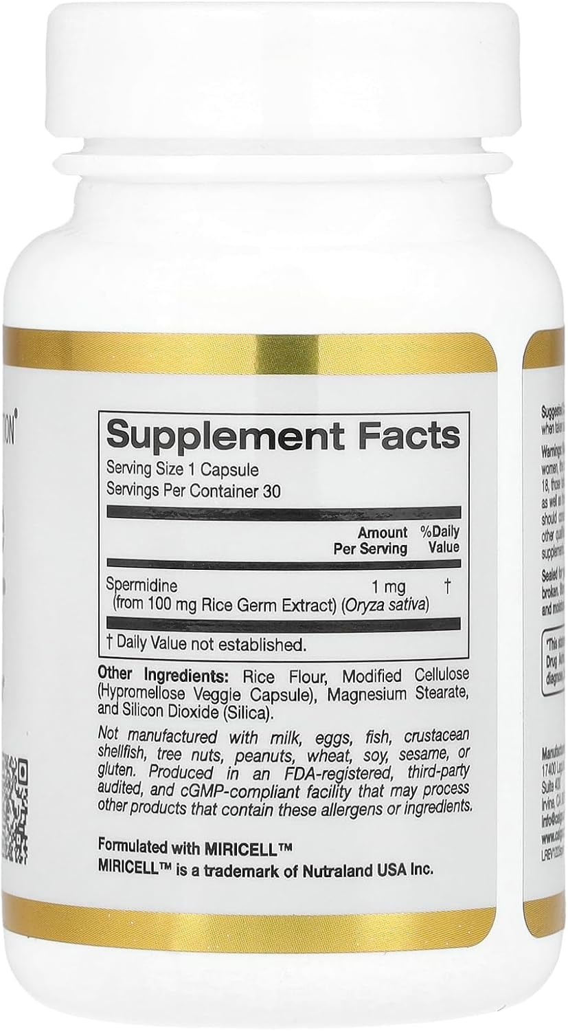 California Gold Nutrition Spermidine Capsules - Rice Germ Extract, 1mg, 30 Vegetarian Capsules