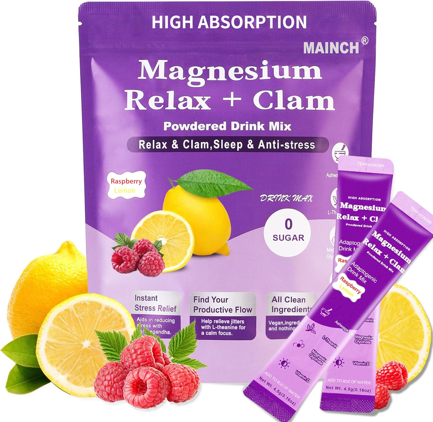 Calm Magnesium Powder with L-Theanine and Ashwagandha for Relaxation and Sleep - 20 Packets