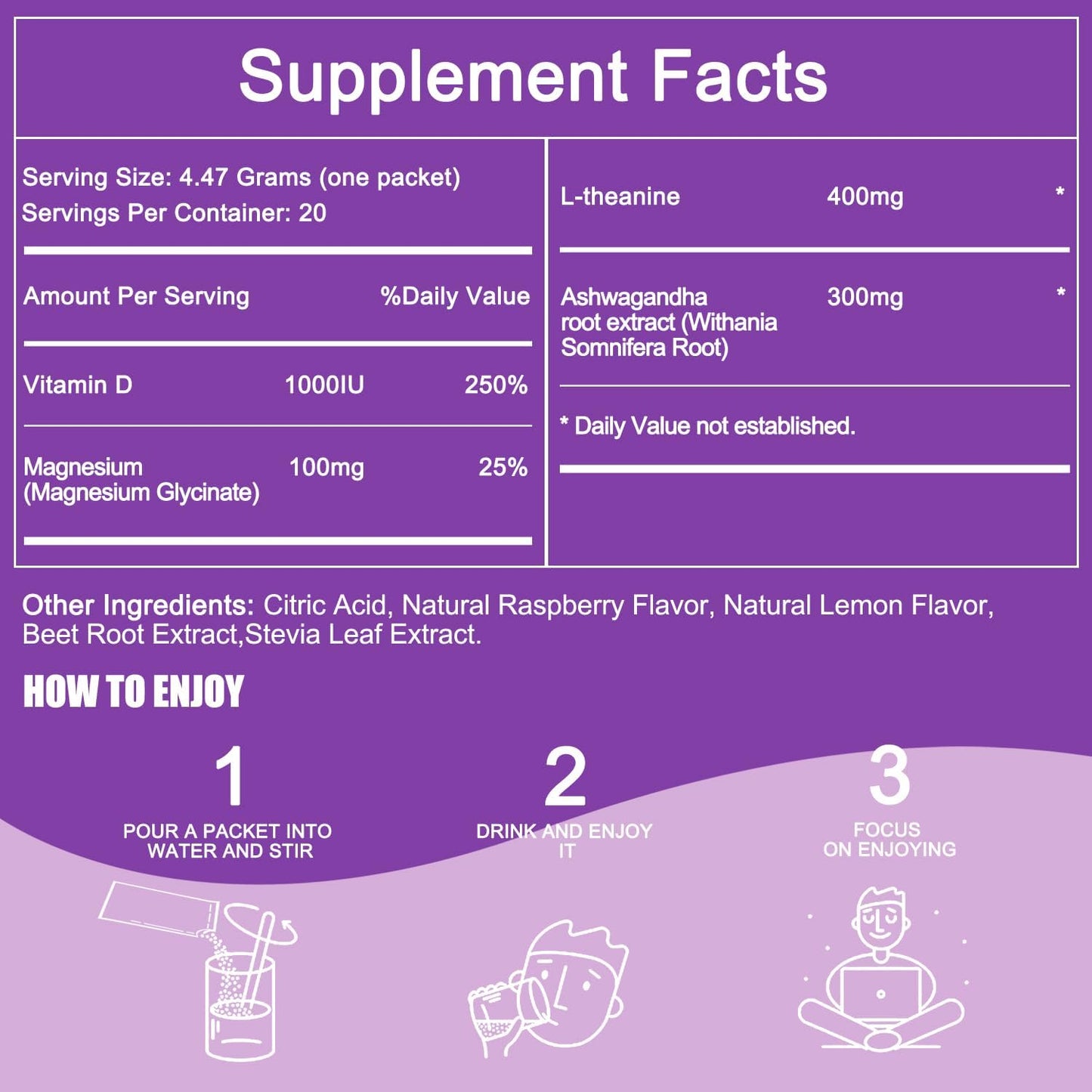 Calm Magnesium Powder with L-Theanine and Ashwagandha for Relaxation and Sleep - 20 Packets