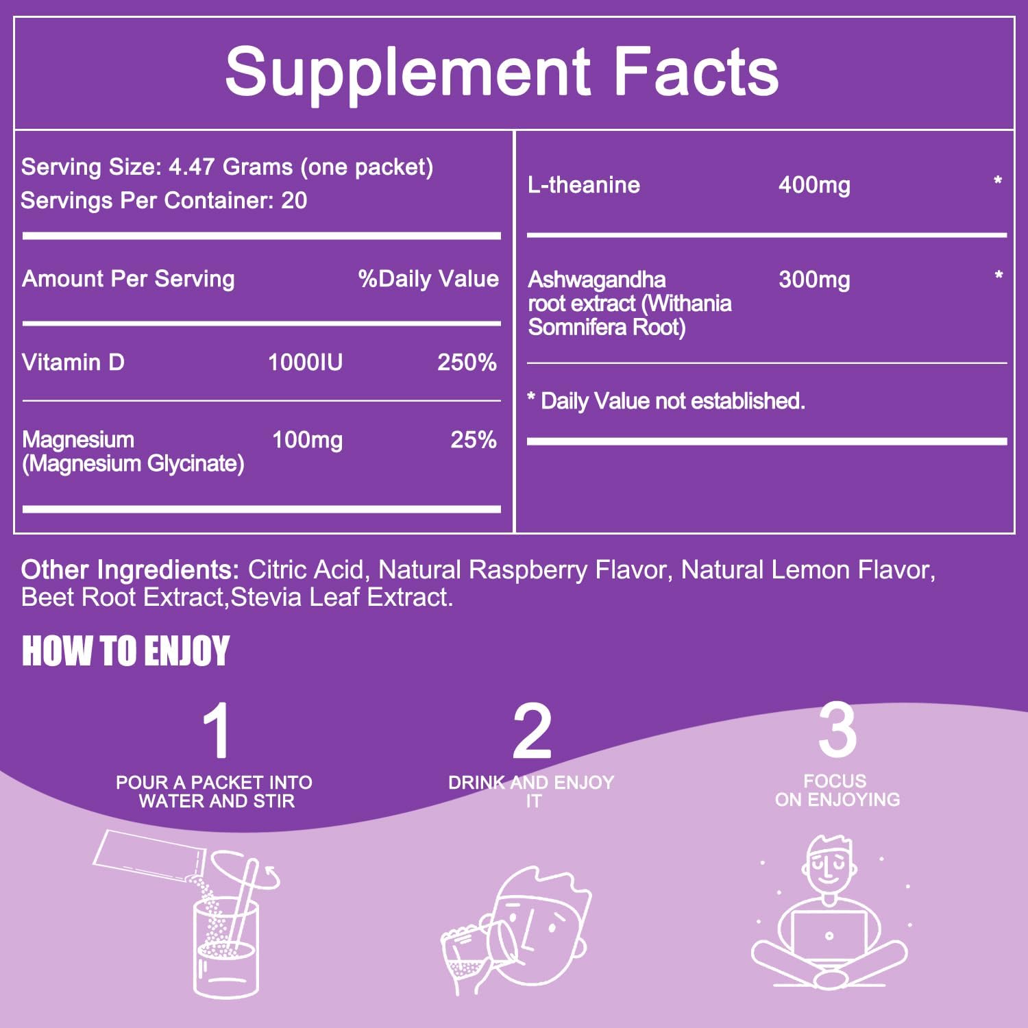 Calm Magnesium Powder with L-Theanine and Ashwagandha for Relaxation and Sleep - 20 Packets