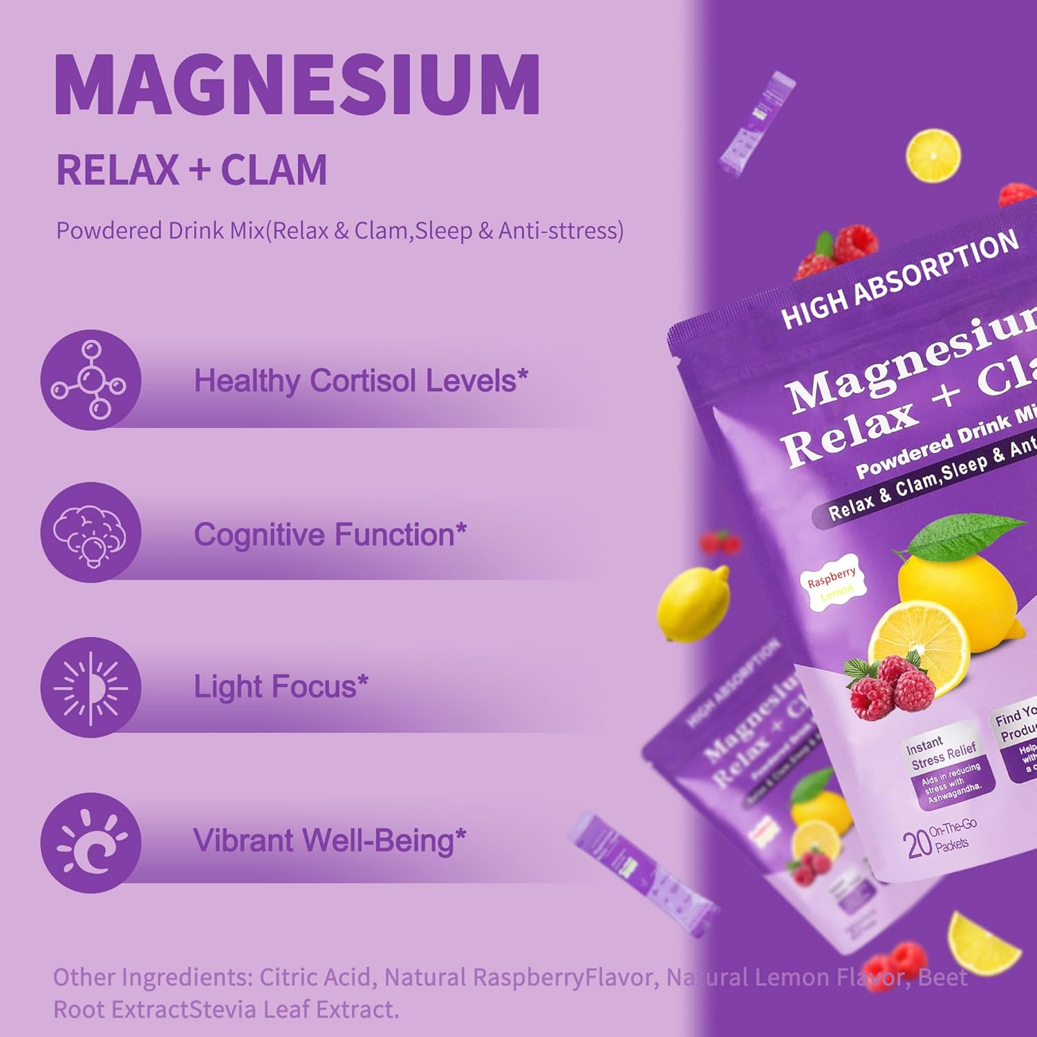 Calm Magnesium Powder with L-Theanine and Ashwagandha for Relaxation and Sleep - 20 Packets