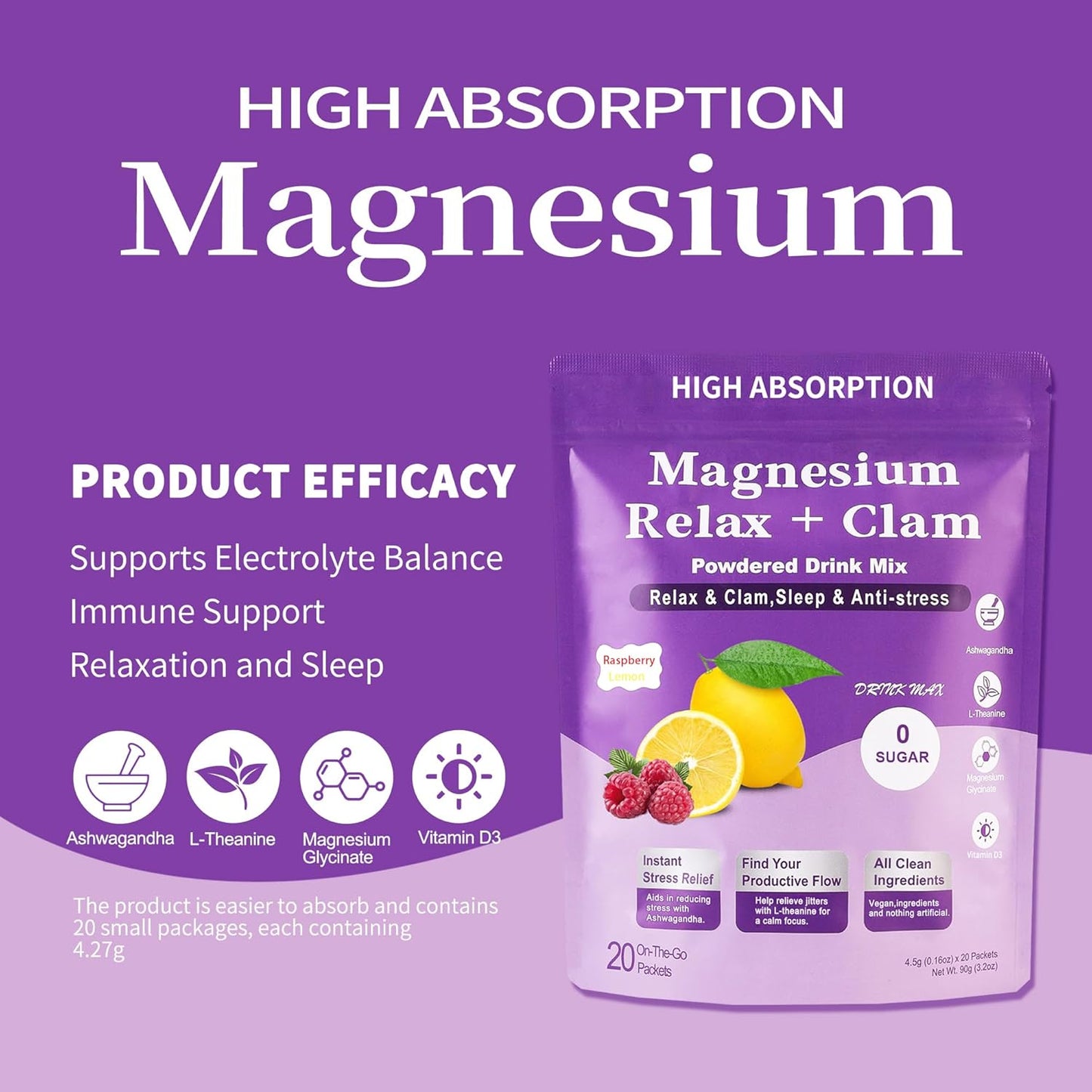Calm Magnesium Powder with L-Theanine and Ashwagandha for Relaxation and Sleep - 20 Packets