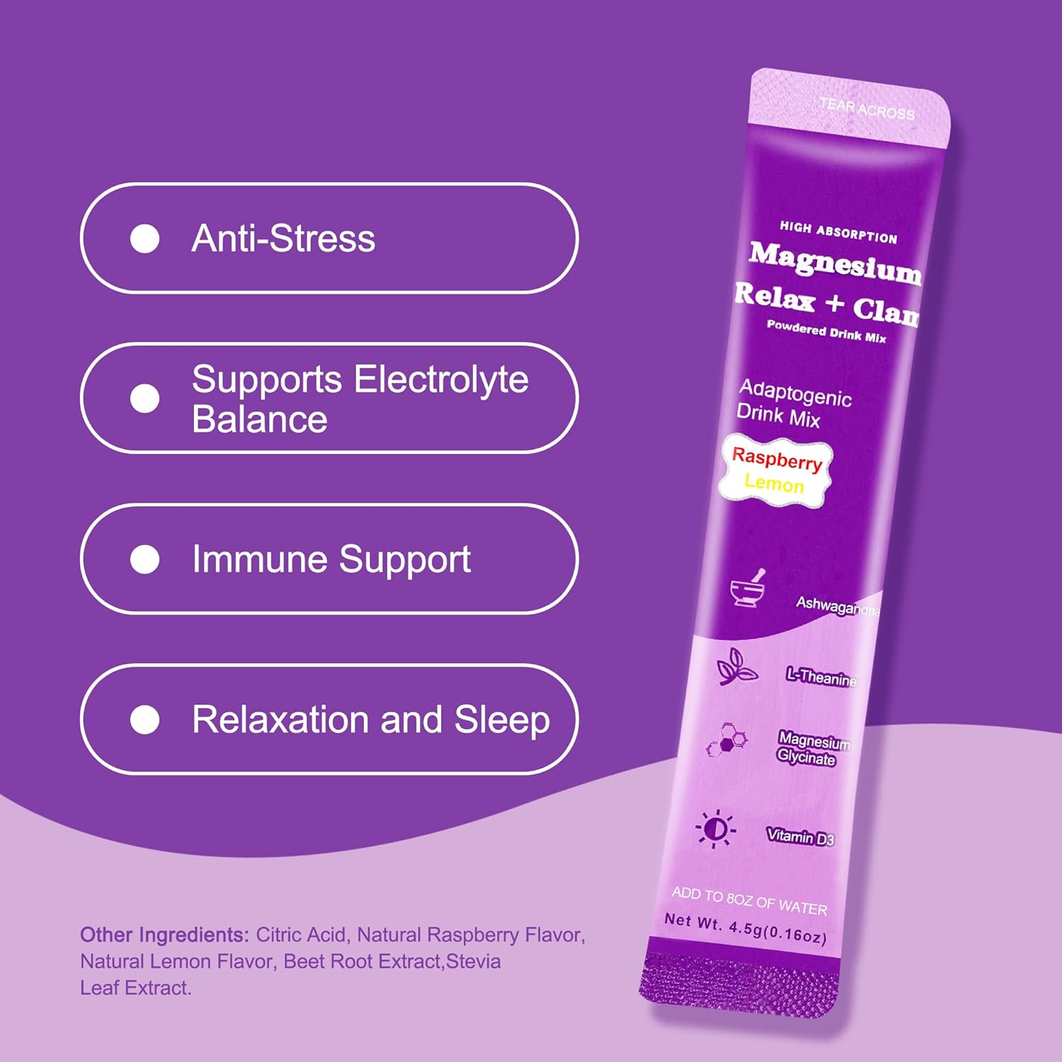 Calm Magnesium Powder with L-Theanine and Ashwagandha for Relaxation and Sleep - 20 Packets